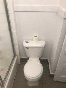 ein Badezimmer mit einem WC mit einer Rolle Toilettenpapier darauf in der Unterkunft Hotel West Inn, Hollywood - LA in Los Angeles