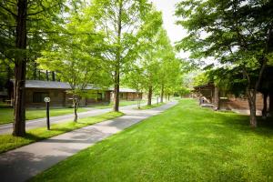 einen Gehweg durch einen Park mit Bäumen und Gras in der Unterkunft Karuizawa Prince Hotel West in Karuizawa