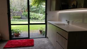 a kitchen with a sink and a view of a yard at Sequoia Steps in New Plymouth