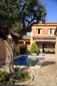 a house with a tree next to a swimming pool at Villashim in L'Escala