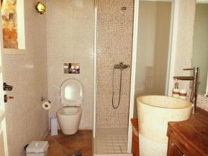 uma casa de banho com um chuveiro, um WC e um lavatório. em Bright Sun Villas em Halki