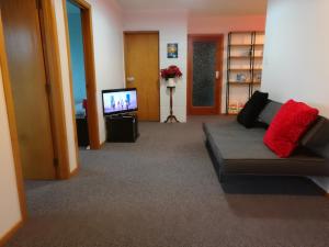 ein Wohnzimmer mit einem Sofa und einem TV in der Unterkunft Beautiful Panoramic views in Dunedin