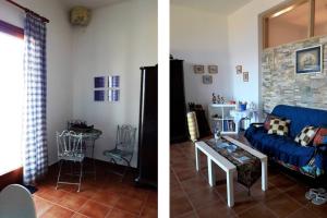 two pictures of a living room with a blue couch at Marvelous Sea View Eco Apt in Ammouliani