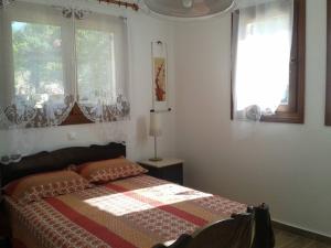 a bedroom with a bed and two windows at Marvelous Sea View Eco Apt in Ammouliani