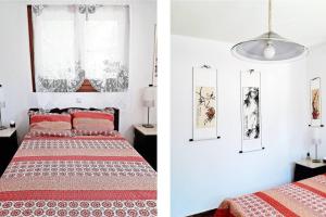 two pictures of a bedroom with two beds at Marvelous Sea View Eco Apt in Ammouliani