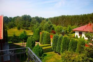 a garden with trees and bushes and a house at Dom Sówka in Radzyń