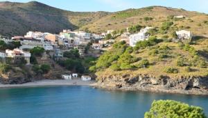 eine Stadt auf einem Hügel neben einem Wasserkörper in der Unterkunft Villa Bella Portbou in Portbou