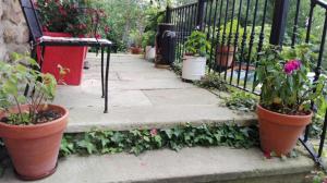 a stairway with potted plants and a black fence at B&B El Jardín de Aes in Puente Viesgo