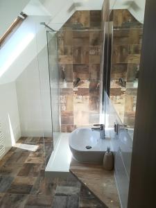 a bathroom with a sink and a glass shower at Stara Kuźnia Mazurska in Węgorzewo