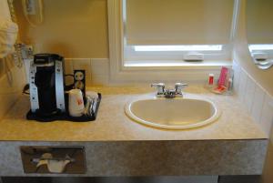 埃德蒙頓的住宿－伊科諾米酒店，一个带水槽和窗户的浴室台面