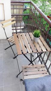 um banco de madeira e uma planta numa varanda em SL apartments na Cracóvia