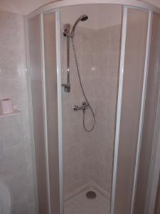 een douche met een douchekop in de badkamer bij Ubytování Podolí U Křížku in Telč