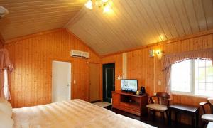 古坑鄉的住宿－大湖底木屋民宿，一间卧室配有一张床和一张书桌及电视