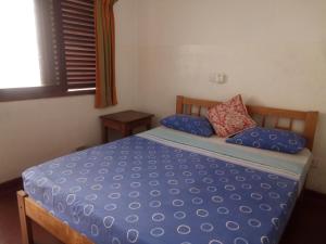 a bedroom with a bed with blue sheets and a window at Hotel Mango Garden in Kandy