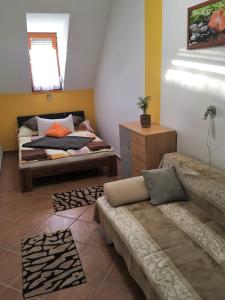 a living room with a couch and a bed at AIDA Apartman in Gyula