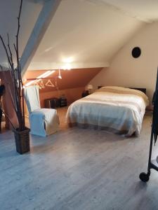 a bedroom with a bed and a chair in a attic at Le grivé in Chèvremont