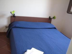 サン・ヴィート・ロ・カーポにあるSilva Gardenの青い掛け布団が備わるドミトリールームのベッド1台分です。