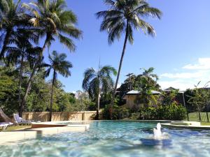 Villa Marine Holiday Apartments Cairns في Yorkeys Knob: مسبح في الخلف فيه نخيل