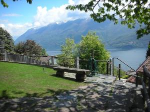 ブリッサーゴにあるFerienparadies Alla Vite in Brissagoの湖と山の景色を望む公園ベンチ