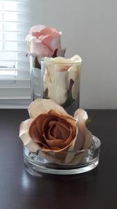 duas rosas num vaso de vidro sobre uma mesa em Family House Asai em Ravda