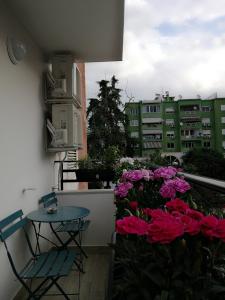 stół i krzesła na balkonie z kwiatami w obiekcie Absolute Blloku Apartment w Tiranie