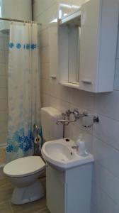 a white bathroom with a toilet and a sink at Delfin Apartments in Sveti Juraj +37 photos