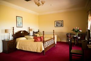 una camera con letto e tappeto rosso di Aran View Country House a Doolin