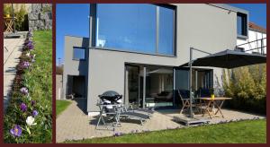 twee foto's van een huis met een tafel en een parasol bij Panorama-Übernachtungen in Biberach-Ummendorf