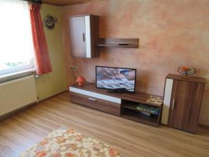 a living room with a tv and a cabinet at Ferienwohnung Sommer in Friedrichsbrunn