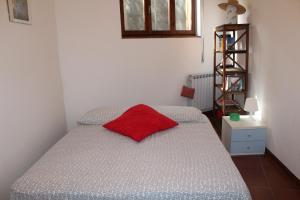 ein Schlafzimmer mit einem Bett mit einem roten Kissen darauf in der Unterkunft Froggy House in San Lorenzo al Mare
