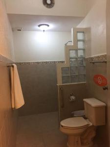 a bathroom with a toilet and a shower with a light at Hotel San Miguel Arcangel in Izamal