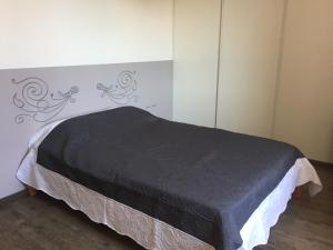 een slaapkamer met een bed met een zwarte deken bij Maison Village Au Coeur De La Lavande in Valensole