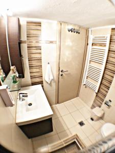 a bathroom with a shower and a sink and a toilet at Villa Irene in Pefkohori