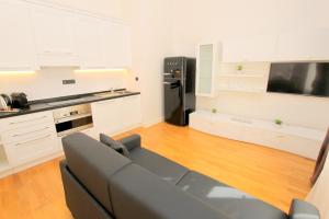 a living room with a couch and a black refrigerator at Luxury apartments Krocínova in Prague
