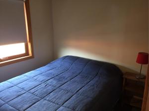 a bedroom with a blue bed with a window at Refugio Simple Sur Casa 4 personas in Malalcahuello