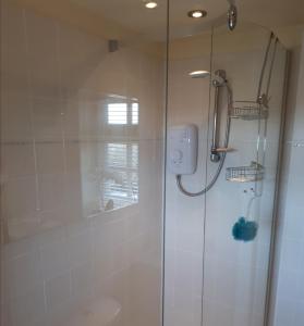 La salle de bains est pourvue d'une douche avec une porte en verre. dans l'établissement Court Barn Cottage B&B, à Burwash