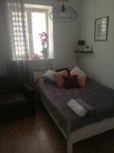 um quarto com uma cama com almofadas e uma janela em Anna em Krynica-Zdrój