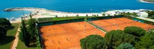 an overhead view of a tennis court in front of the ocean at Apartments Anić in Novigrad Istria