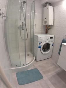 チェンストホヴァにあるApartament Jasnyのバスルーム(シャワー、洗濯機付)