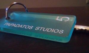 a blue tag with the name of piopolis studios at Papadatos Studios in Argostoli