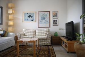 a living room with a couch and a tv at Herzelia Rooftop Special 2 Room Apartment in Herzliya