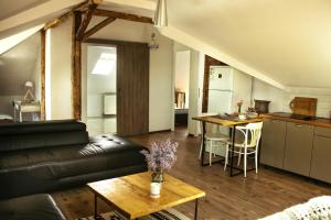 a living room with a black leather couch and a kitchen at Cotton Loft in Alba Iulia