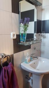 a bathroom with a sink and a mirror and purple towels at PS Apartments - Peshtani in Peštani +108 photos