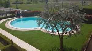 uma árvore ao lado de uma piscina num quintal em Villa Villacolle em Sirmione