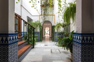 un pasillo con plantas y escaleras en un edificio en RC Sevilla Centro Histórico CatedralJudería, en Sevilla