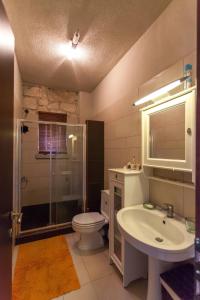 uma casa de banho com um WC, um lavatório e um chuveiro em Luxurious Stone House em Siviri
