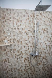 a bathroom with a shower with a shower head at Haraki Stone Apartments in Haraki