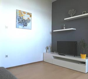 a living room with a television on a white cabinet at Guest House Matana in Sobra
