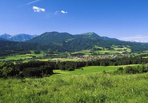 vistas a un valle con montañas en el fondo en Ferienwohnung mit eigener Sauna, en Wertach