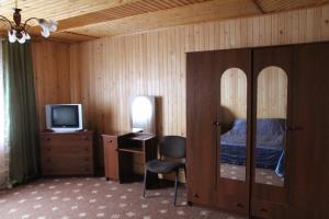 um quarto com uma cama, uma secretária e uma televisão em Gutsulochka Apartment em Yaremche